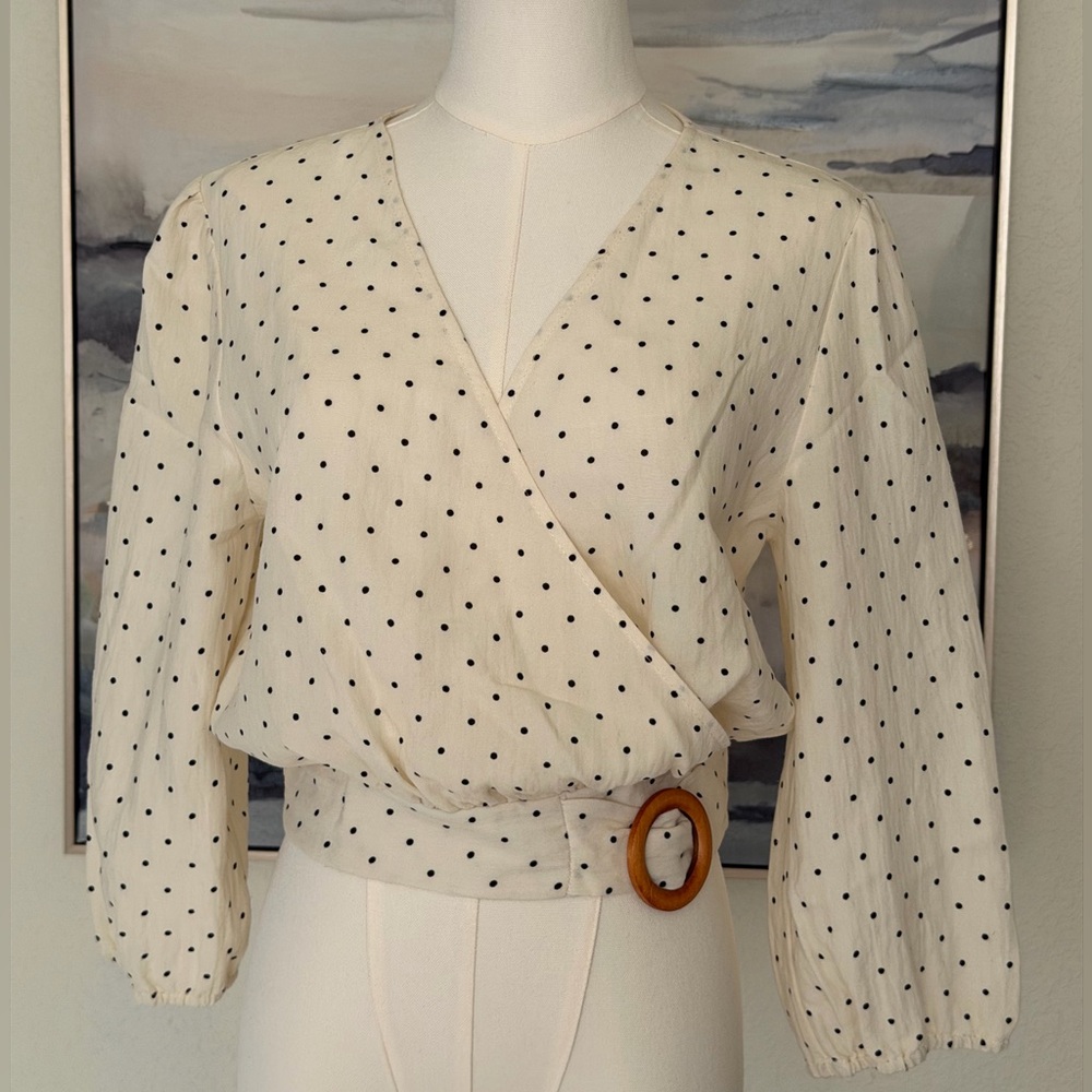 Francesca’s Collection Blue Rain Ivory & Black Polka Dot Wrap Blouse